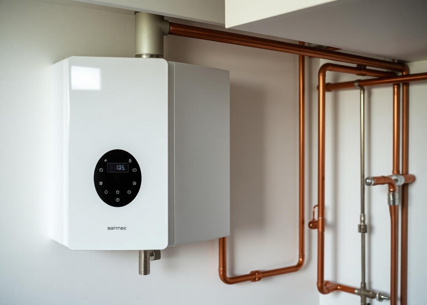 Modern wall-mounted gas boiler with clean pipework installed by Mc Airconditioning Surrey
